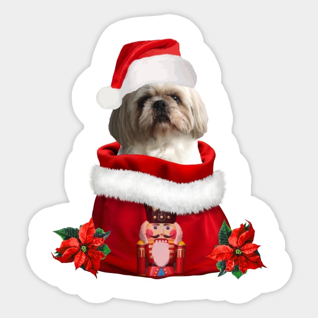 Shih tzu Dog Santa claus bag with nutcracker Sticker by Move-Art